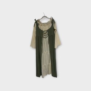Olive Green and Cream Lace-Up Peasant Maxi Dress